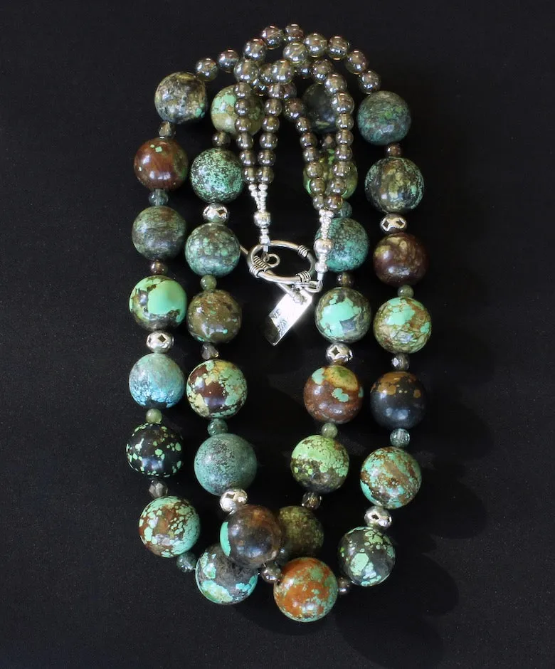 20mm Turquoise Rounds 2-Strand Necklace with Czech Druk Glass, Rutilated Quartz, Peridot Rounds, and Sterling Silver