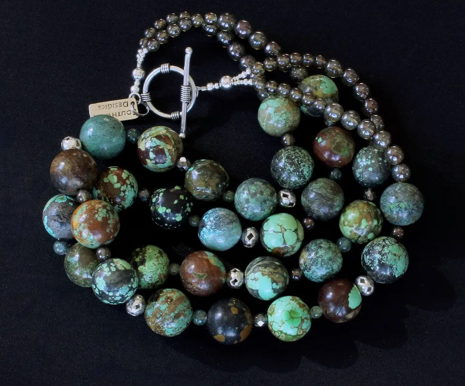 20mm Turquoise Rounds 2-Strand Necklace with Czech Druk Glass, Rutilated Quartz, Peridot Rounds, and Sterling Silver