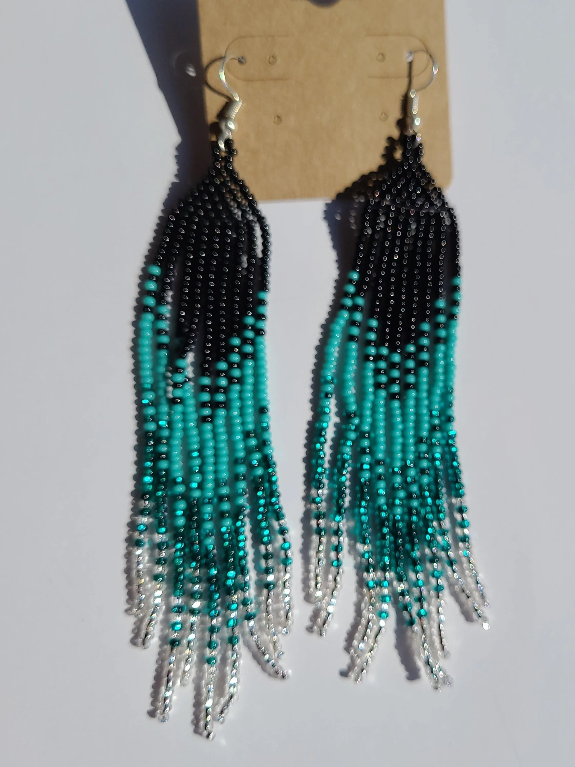 Black and teal Beaded Ombre Fringe Earrings