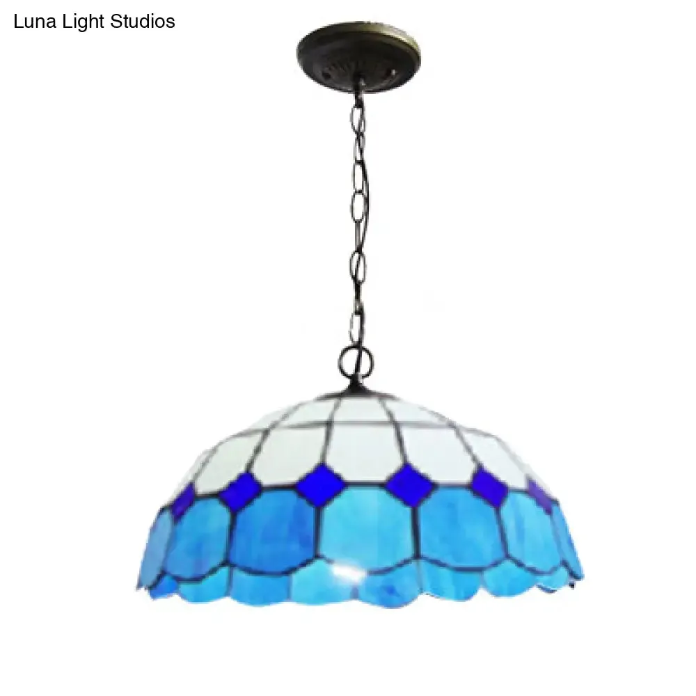 Blue Stained Glass Pendant Lamp: Elegant Mediterranean Hanging Light for Dining Room (2 Bulbs Included)