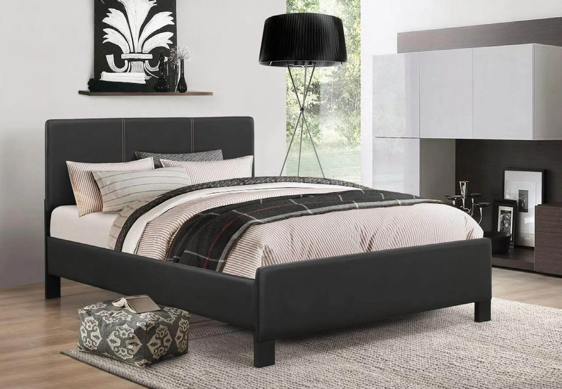 Contrast Stitching Black PU Bed