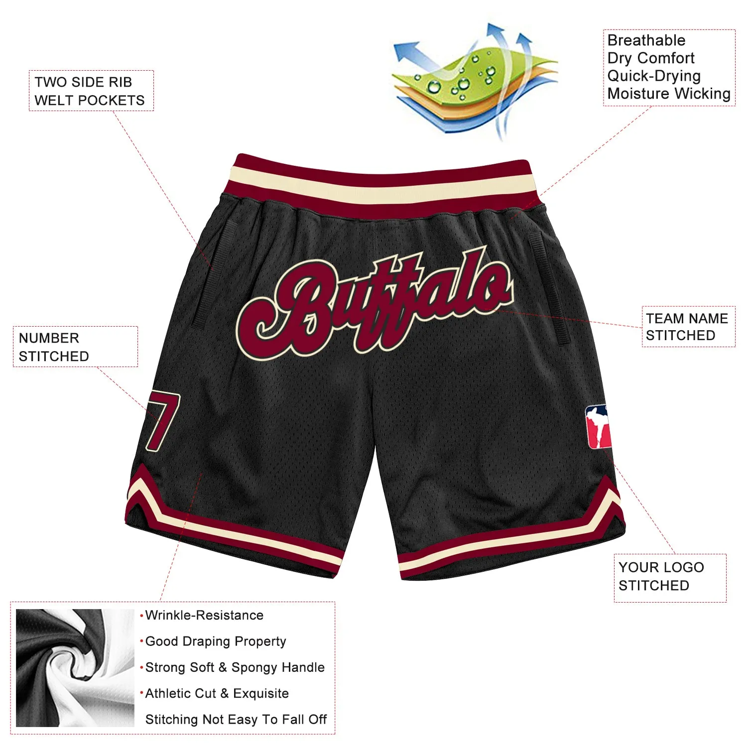 Custom Black Maroon-Cream Authentic Throwback Basketball Shorts