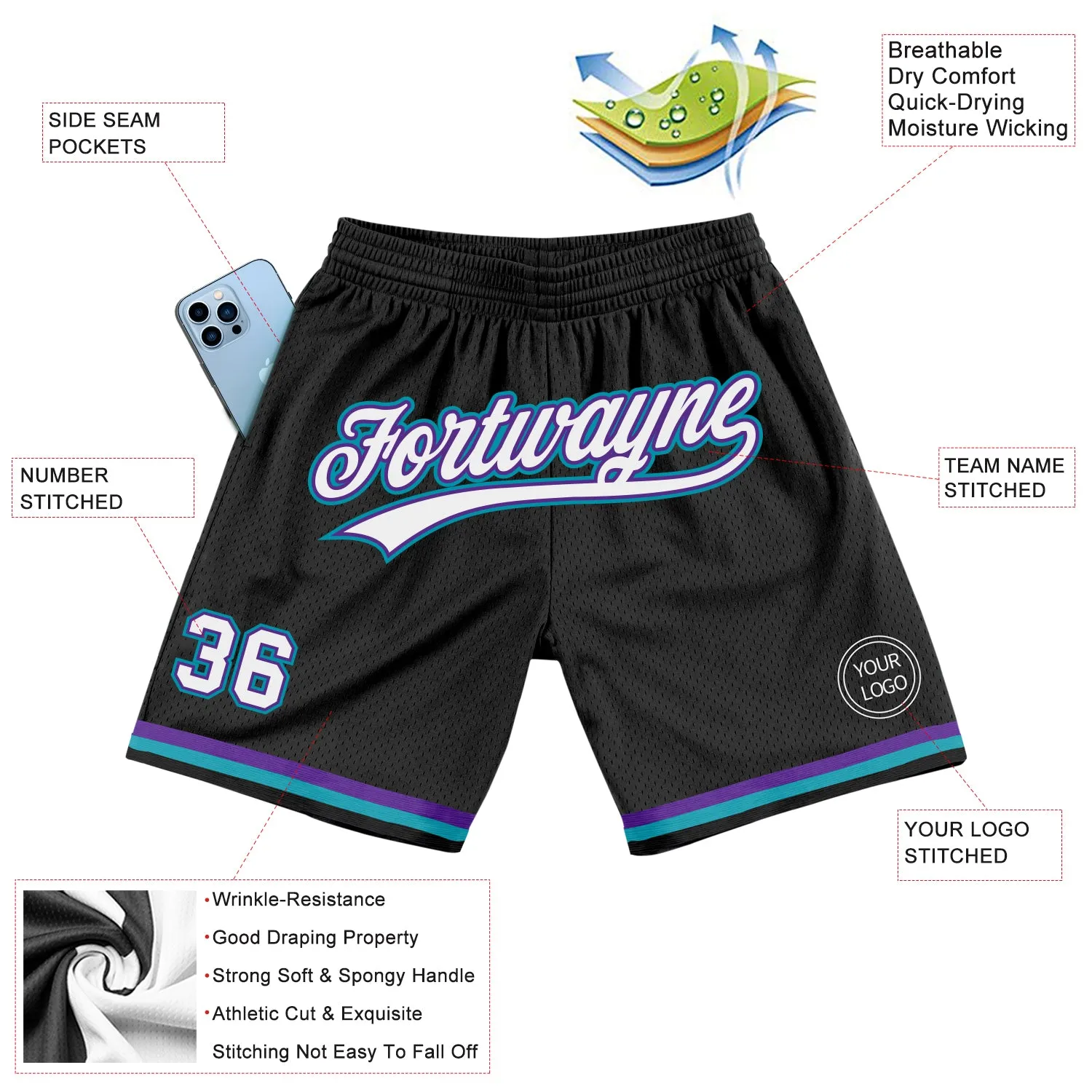 Custom Black White Purple-Teal Authentic Throwback Basketball Shorts