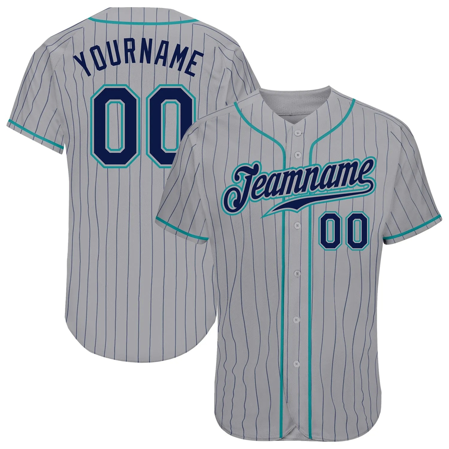 Custom Gray Navy Pinstripe Navy-Teal Authentic Baseball Jersey