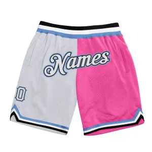 Custom Pink White-Light Blue Authentic Throwback Split Fashion Basketball Shorts