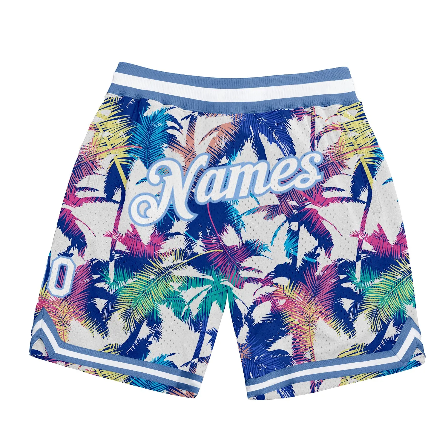 Custom White White-Light Blue 3D Pattern Design Palm Trees Authentic Basketball Shorts