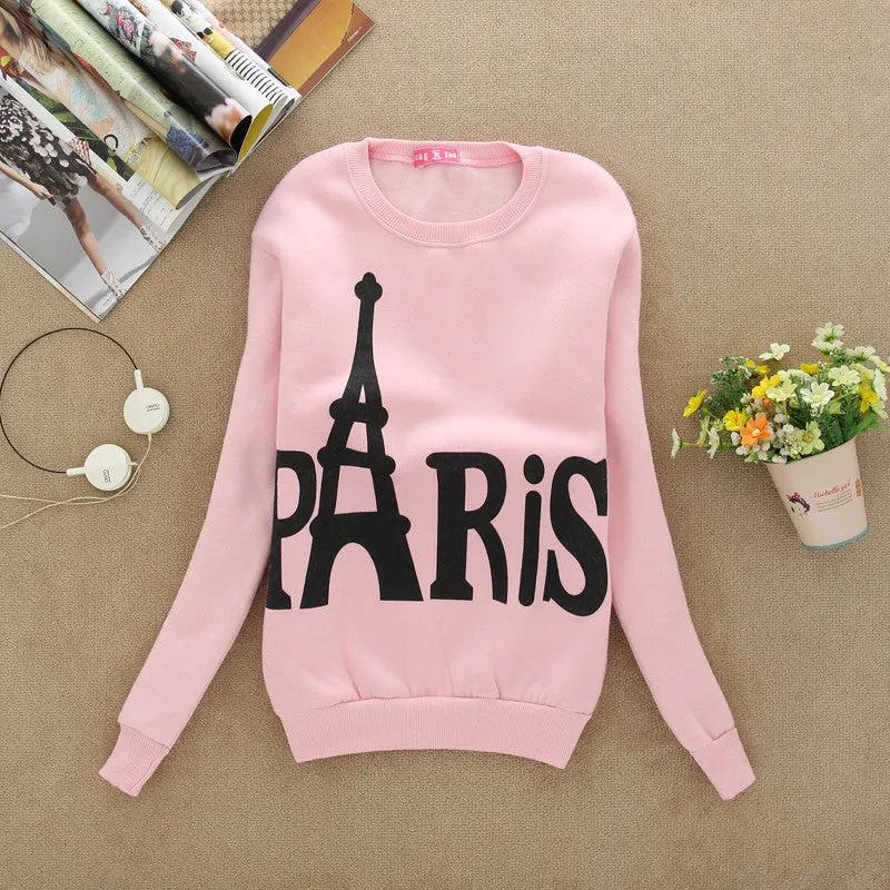 Fashion Spring Fall Women's Wear Long Sleeved Slim Sweatshirts Printed Paris Pullover Sweatshirts Student Clothing