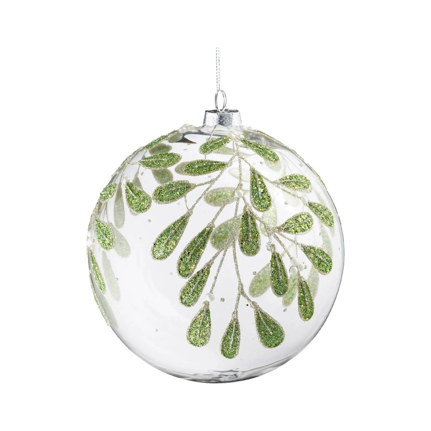 House of Season 15cm Clear Glass Bauble With Shiny Green Leaves