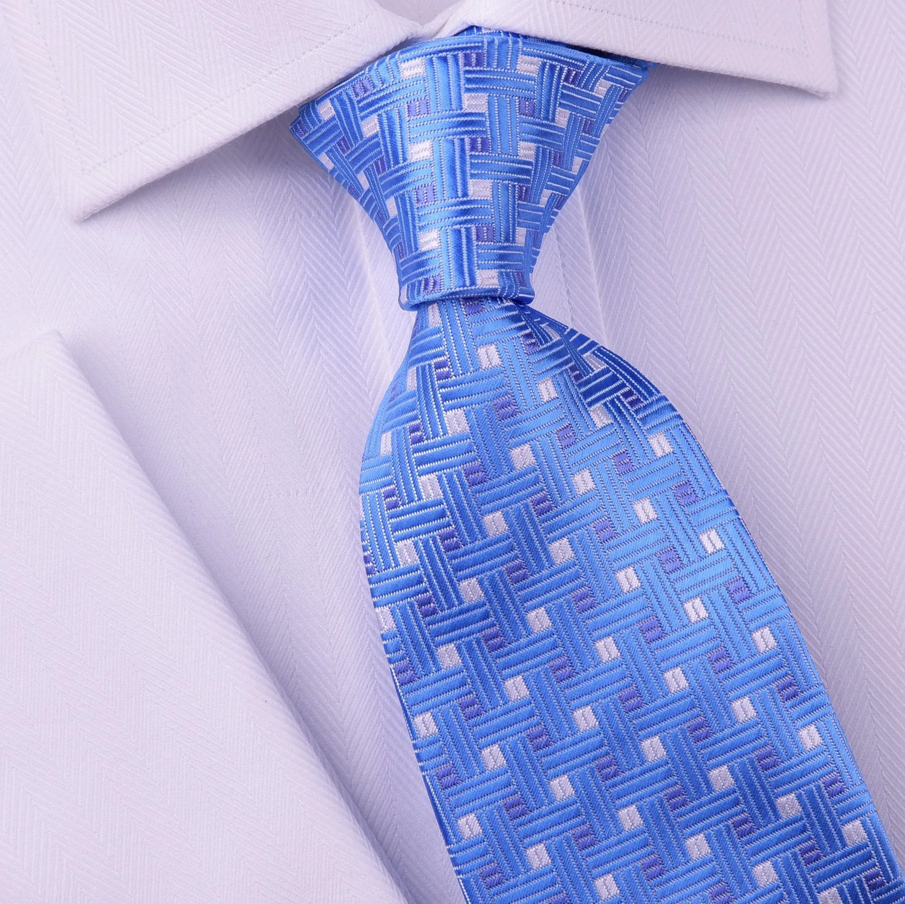 Light Blue Designer Basketweave Neat Geometric Regular Woven Tie 8cm