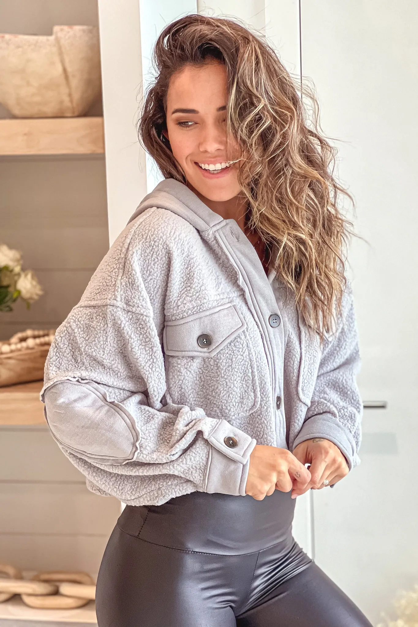 Light Gray Button Up Fleece Hoodie