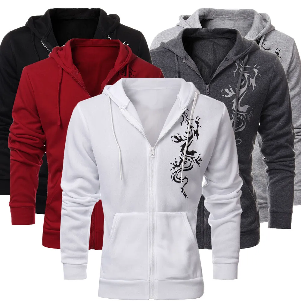 Mens Autumn Slim Hooded Fleece Hoodies Dragon Tattoo Printed Jacket Casual Cardigan Zipper Sweatshirt