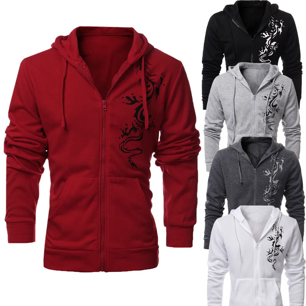 Mens Autumn Slim Hooded Fleece Hoodies Dragon Tattoo Printed Jacket Casual Cardigan Zipper Sweatshirt