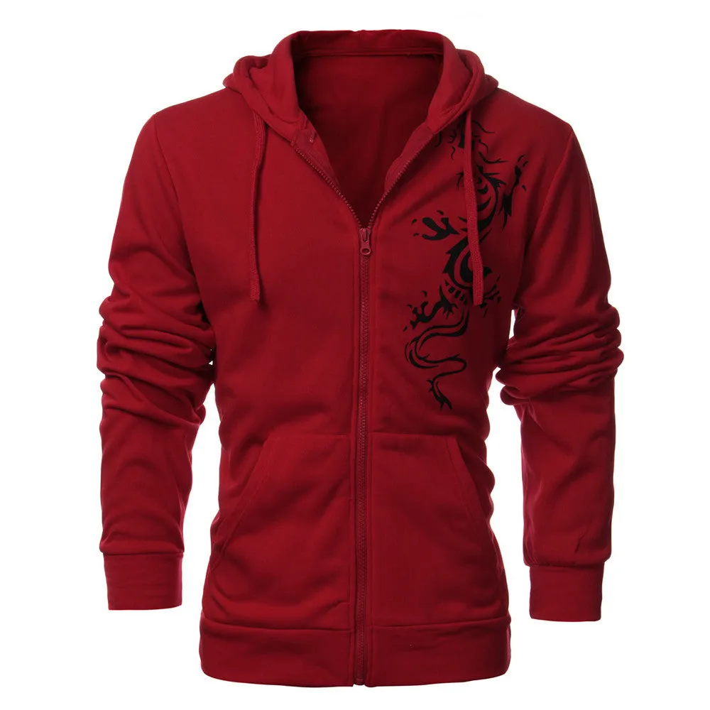 Mens Autumn Slim Hooded Fleece Hoodies Dragon Tattoo Printed Jacket Casual Cardigan Zipper Sweatshirt