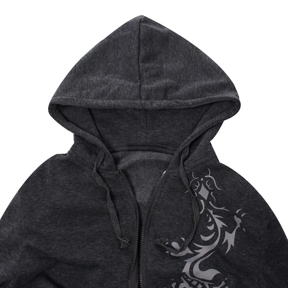 Mens Autumn Slim Hooded Fleece Hoodies Dragon Tattoo Printed Jacket Casual Cardigan Zipper Sweatshirt