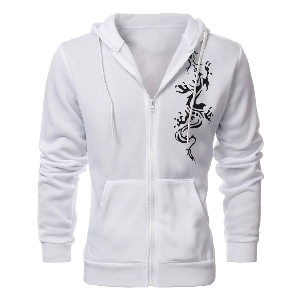 Mens Autumn Slim Hooded Fleece Hoodies Dragon Tattoo Printed Jacket Casual Cardigan Zipper Sweatshirt