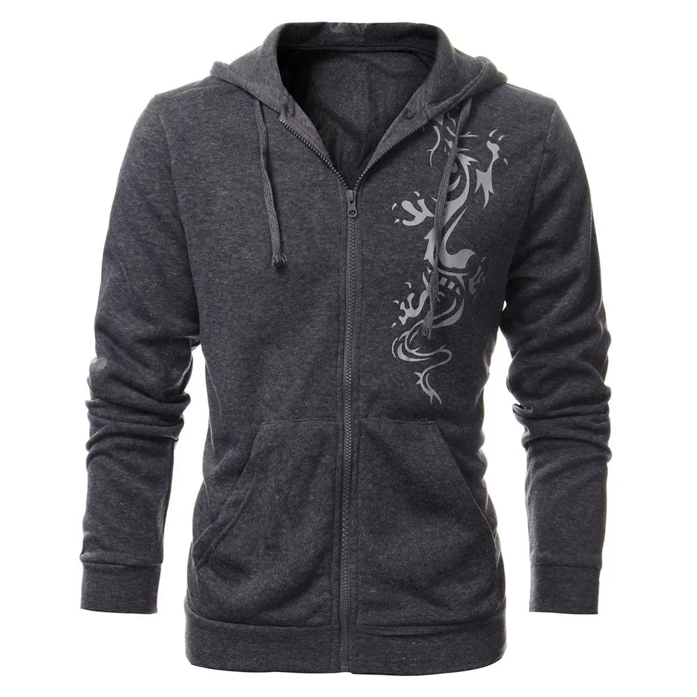 Mens Autumn Slim Hooded Fleece Hoodies Dragon Tattoo Printed Jacket Casual Cardigan Zipper Sweatshirt