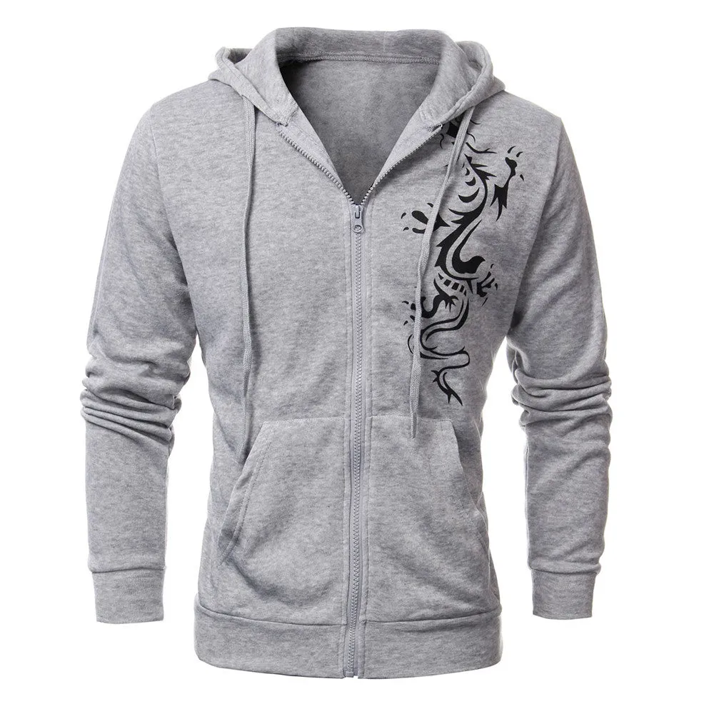 Mens Autumn Slim Hooded Fleece Hoodies Dragon Tattoo Printed Jacket Casual Cardigan Zipper Sweatshirt