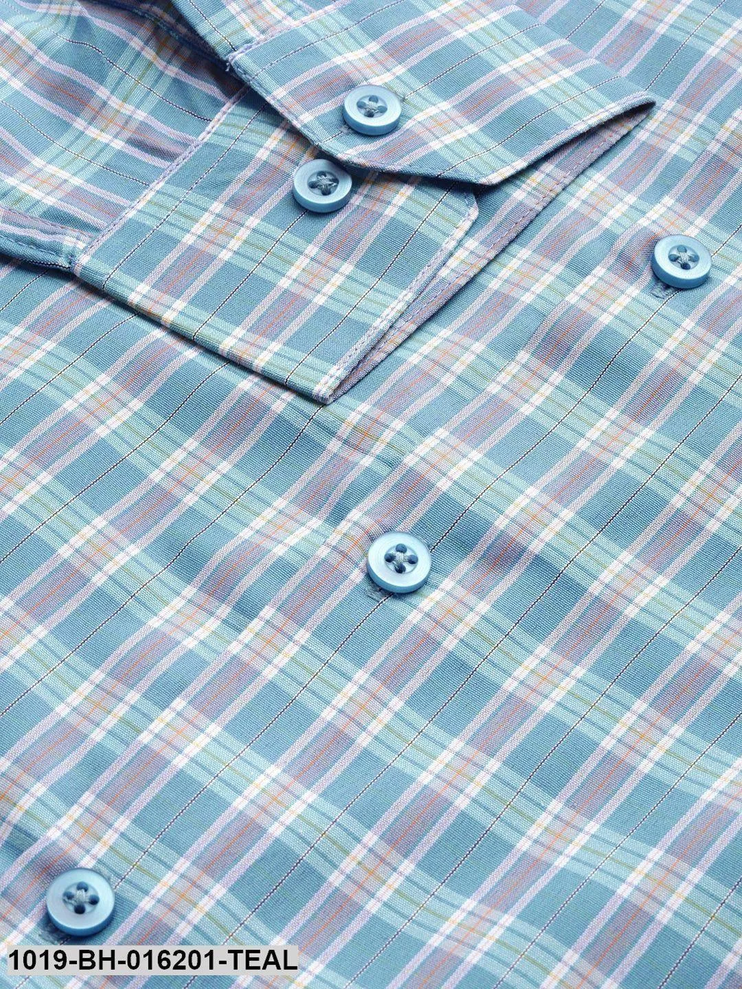 Men's Cotton Teal Blue & Off White Checked Formal Shirt - Sojanya