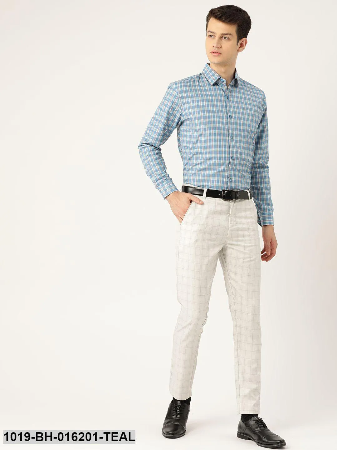 Men's Cotton Teal Blue & Off White Checked Formal Shirt - Sojanya