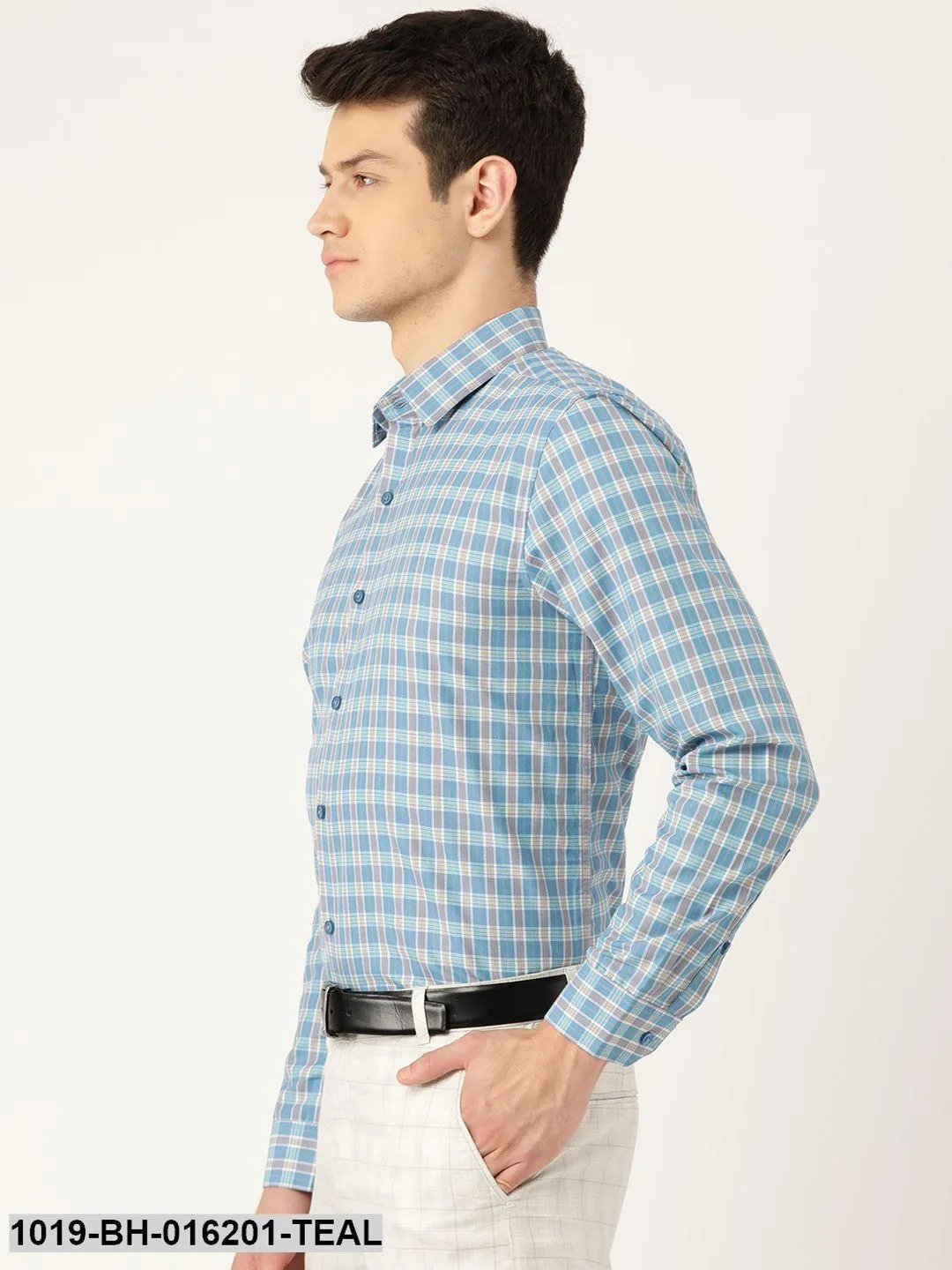 Men's Cotton Teal Blue & Off White Checked Formal Shirt - Sojanya