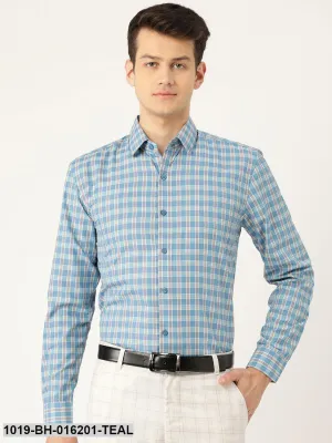 Men's Cotton Teal Blue & Off White Checked Formal Shirt - Sojanya