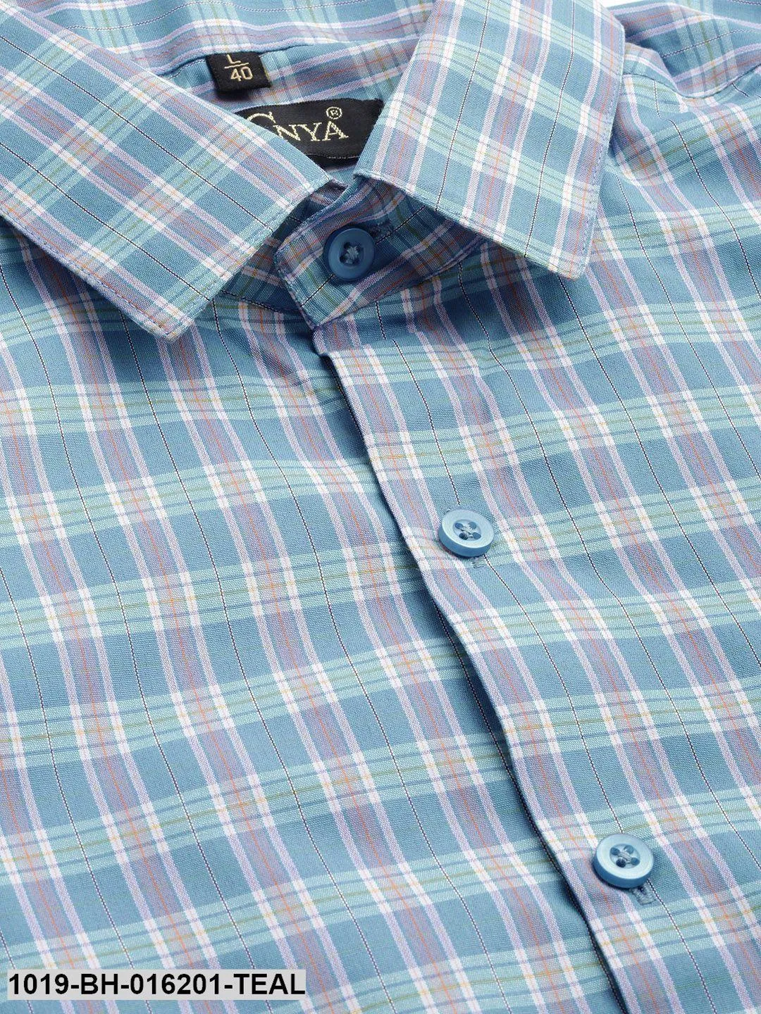 Men's Cotton Teal Blue & Off White Checked Formal Shirt - Sojanya