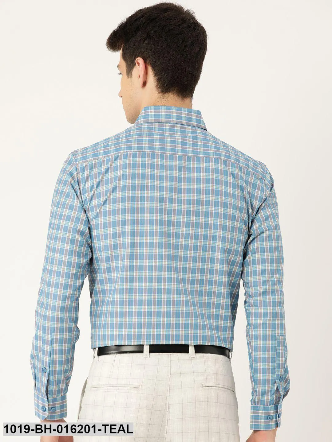 Men's Cotton Teal Blue & Off White Checked Formal Shirt - Sojanya