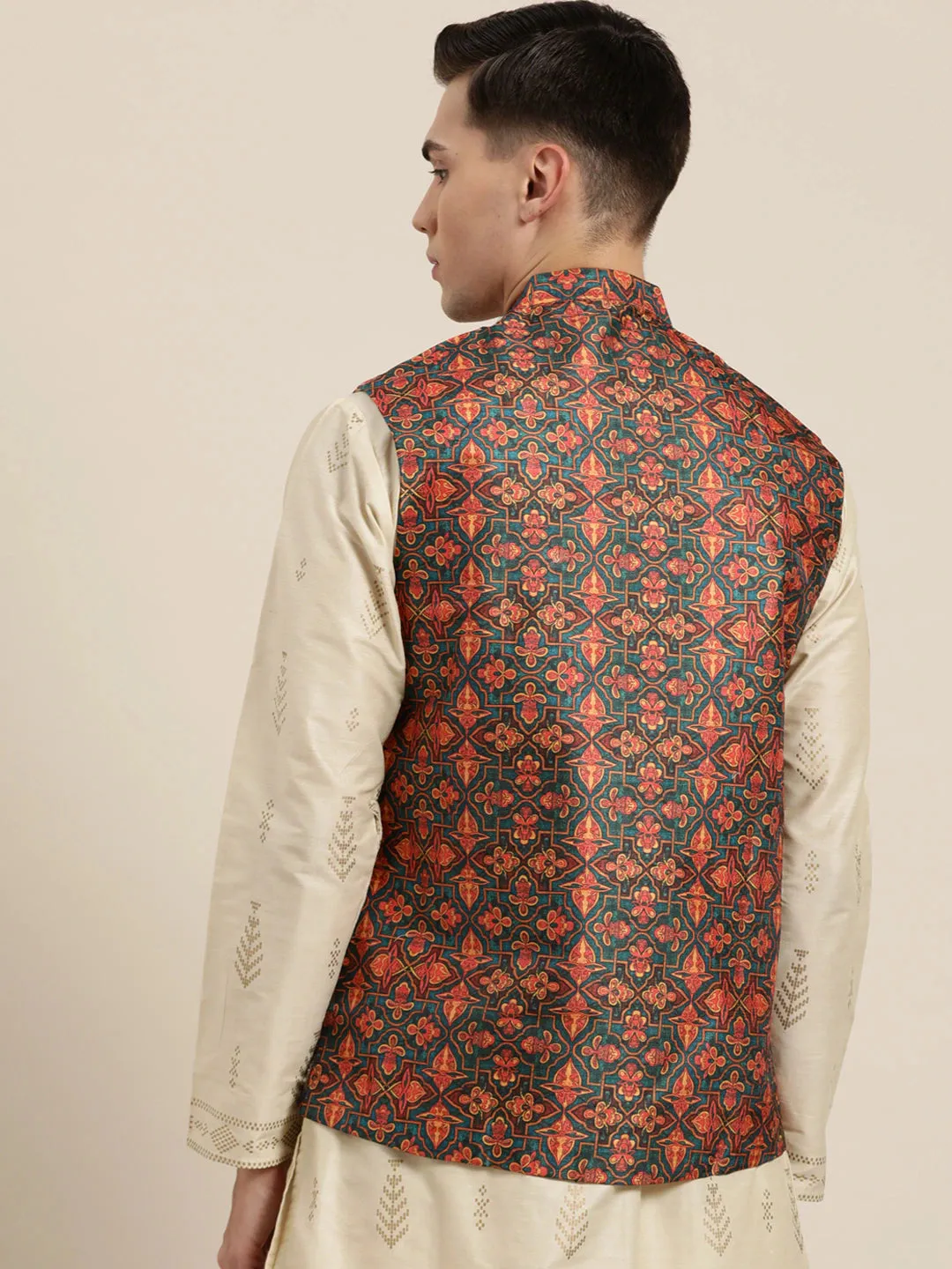 Men's Silk Blend Dark Green Printed Only Nehrujacket - Sojanya