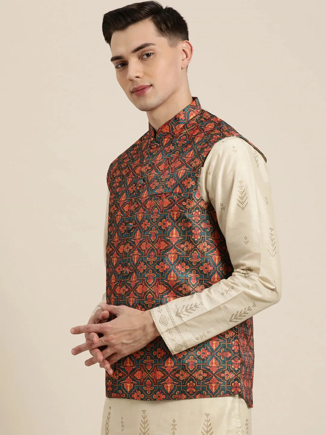 Men's Silk Blend Dark Green Printed Only Nehrujacket - Sojanya