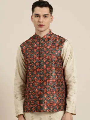 Men's Silk Blend Dark Green Printed Only Nehrujacket - Sojanya