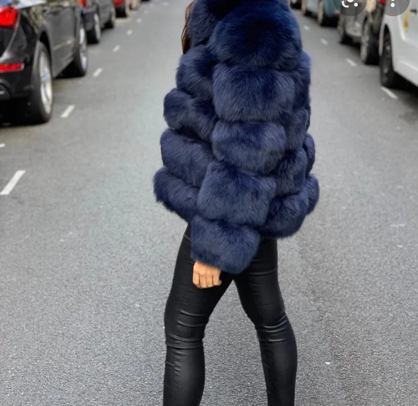 Navy Classic 5 Row Faux Fur Jacket