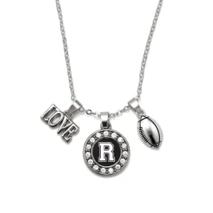 Silver Football - Sports Initial R Circle Charm Classic Necklace