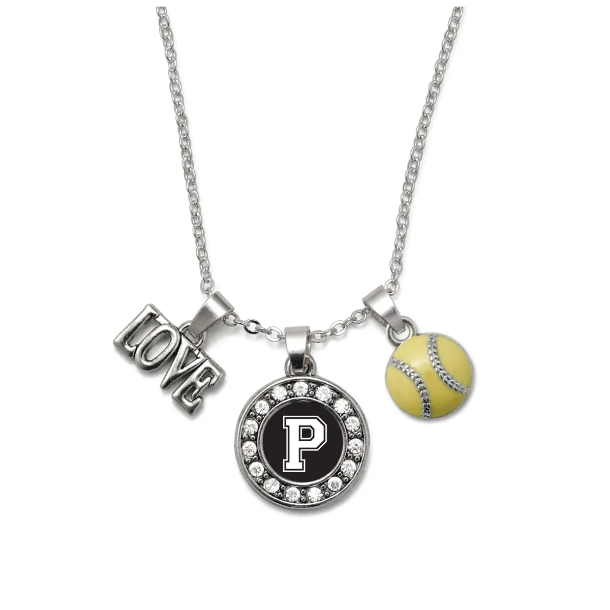 Silver Softball - Sports Initial P Circle Charm Classic Necklace