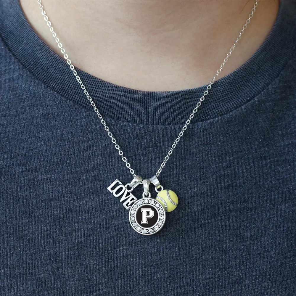 Silver Softball - Sports Initial P Circle Charm Classic Necklace