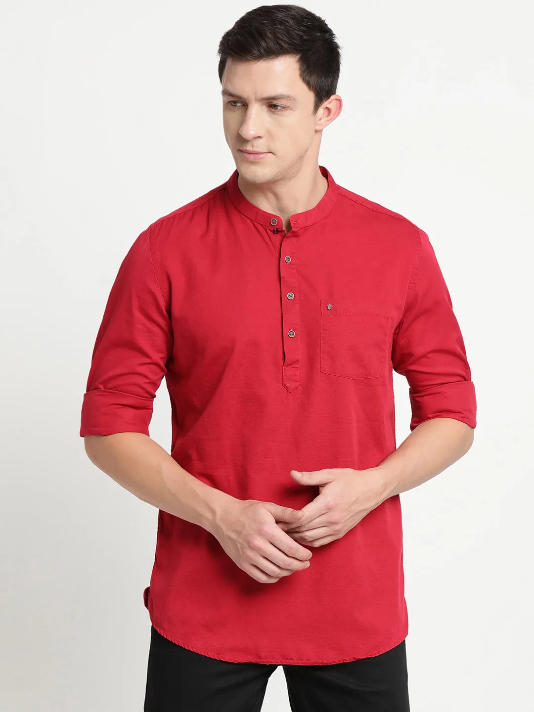 Turtle Men Red Pure Cotton Solid Kurta Shirts