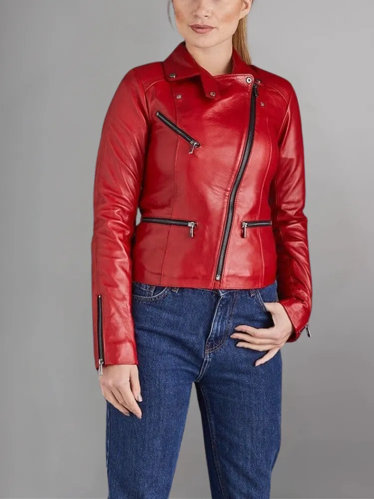 Woman Fashion Red Leather Jacket