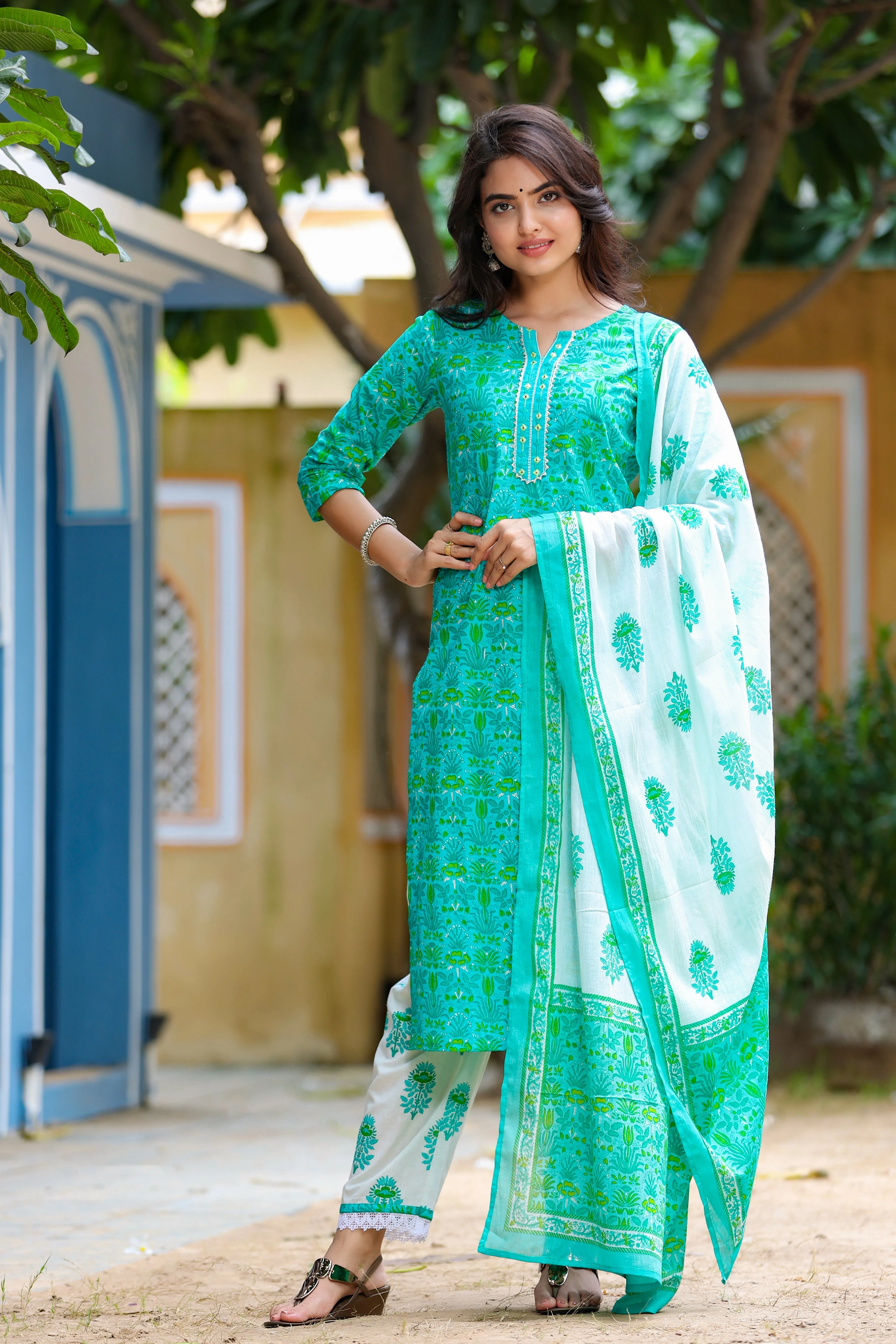 Women Green & Offwhite Handblock Printed Dupatta Set