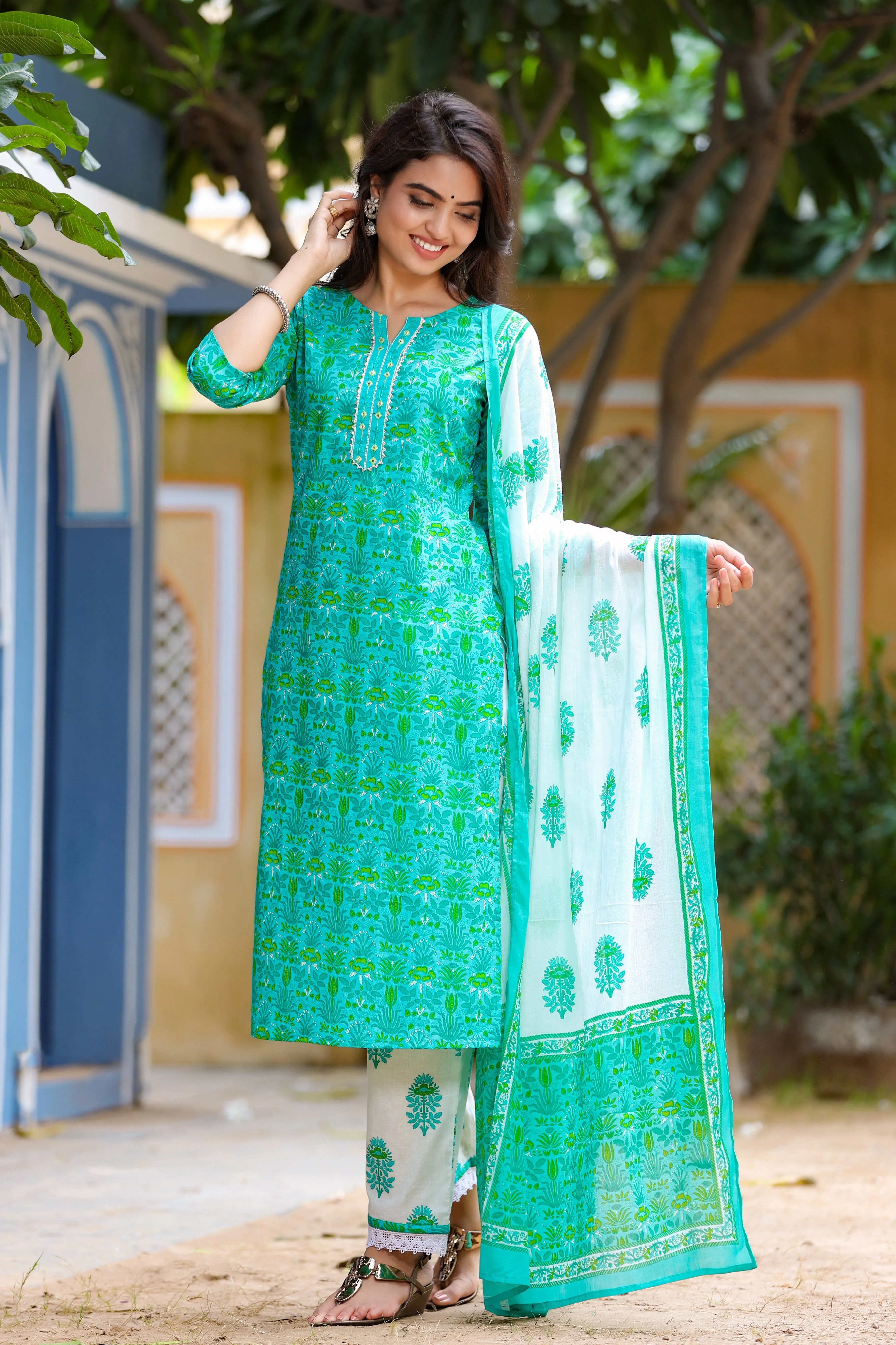 Women Green & Offwhite Handblock Printed Dupatta Set