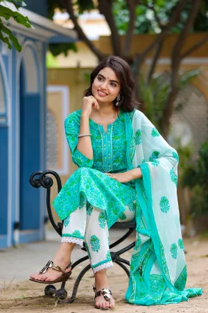 Women Green & Offwhite Handblock Printed Dupatta Set