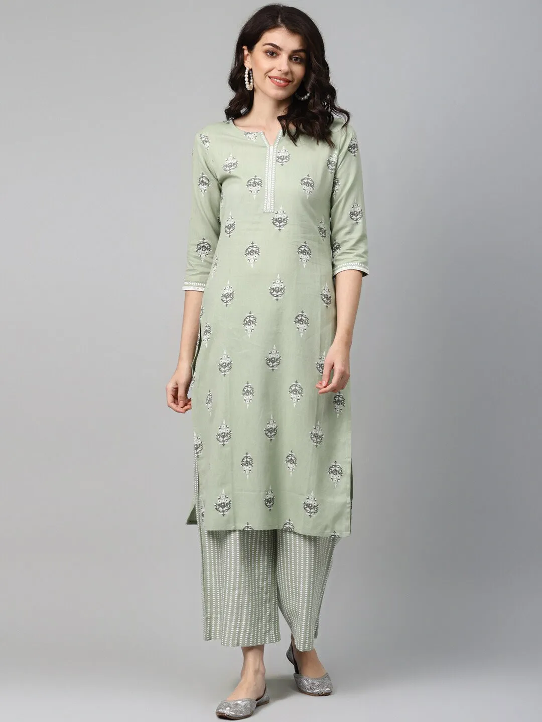 Women Green Kurta Printed Set