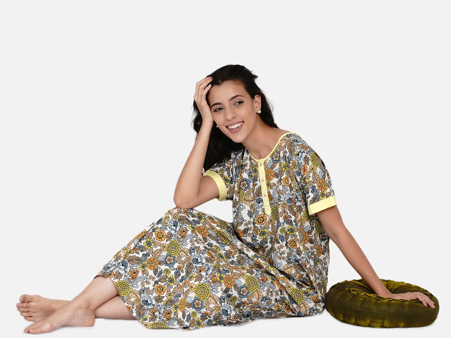 Yellow Floral Printed Nighty