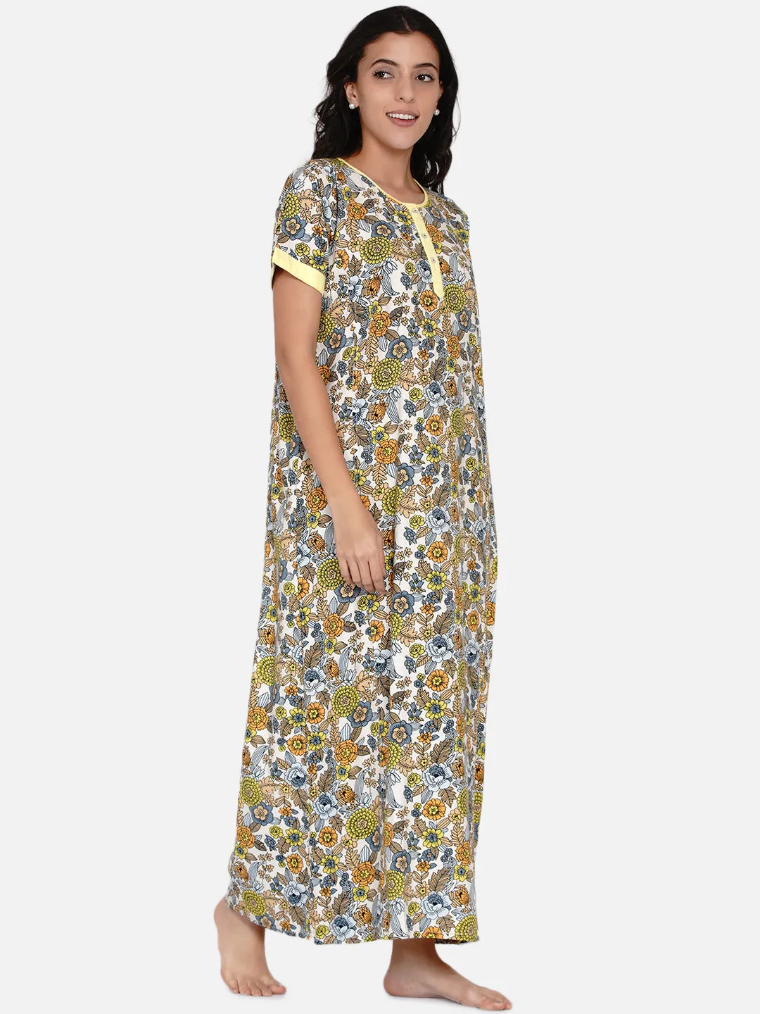 Yellow Floral Printed Nighty